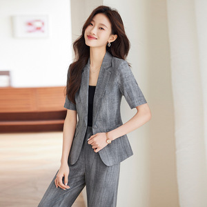 Women's Short Sleeve Blazer Suit Set Cotton Linen Blend Breathable Summer Casual Professional Gray Solid Color 3D Tailoring - Product Image 2