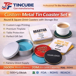 Custom Metal Tin Coaster Set with Storage Box | Printed Round & Square Drink Coasters for Coffee, Beer & Home Table Protection