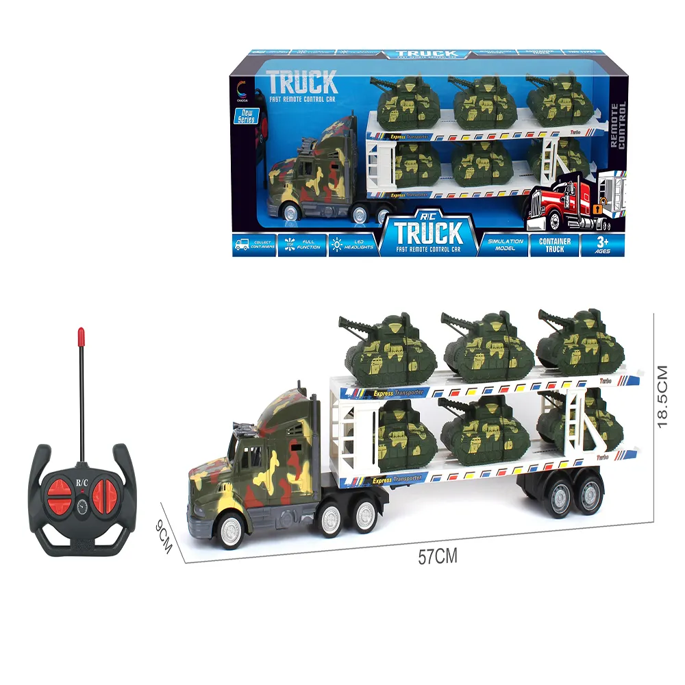 子供用リモコン4 CHロングコンテナトラック、6つのミニタンクおもちゃセット自動アンロード迷彩RC車両おもちゃ