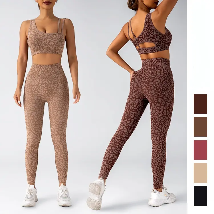 2024 baru Leopard seksi potongan pakaian Gym pakaian olahraga wanita 2 potong Set olahraga Yoga kerut legging dan Set Bra