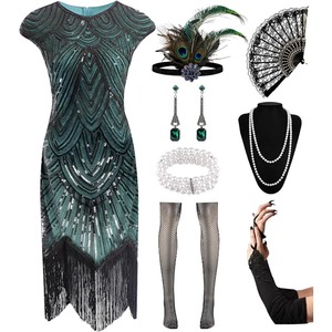 Robes Flapper pour femmes, style années <span class=keywords><strong>20</strong></span>, à sequins, franges et perles, <span class=keywords><strong>robe</strong></span> de cocktail à col rond, accessoires des années folles, éventail en dentelle vintage, bandeau - Product Image 5