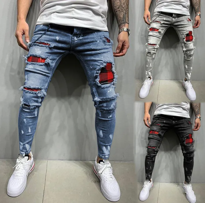 Pantalones de nuevo diseño para hombre Jeans Slim Classic Skinny Men's Jeans Para Hombre Patch Ripped Hole Denim Pants Men Ripped Pants