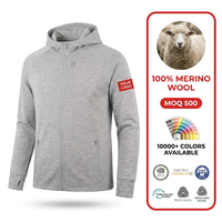 Veste à capuche zippée intégrale pour homme 100 % laine mérinos avec trous pour les pouces, poche poitrine, gris chiné, performance, durable, vêtements de sport