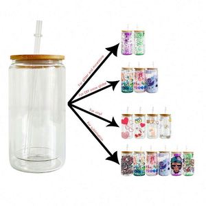 Vente en gros usine – Verre à soda en forme de canette de bière transparente de 12 oz et 16 oz, personnalisable, vierge pour sublimation, avec couvercle en bambou - Product Image 4