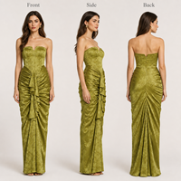 Robe de soirée sans bretelles en jacquard vert olive OEM, robe longue plissée à volants pour invitées de mariage, collection boutique
