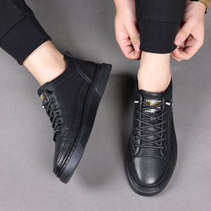 Baskets décontractées noires en cuir pour hommes, à bout rond, à lacets, style sportif, avec doublure en maille respirante et semelle extérieure en caoutchouc, chaussures épaisses de printemps - Product Image 2