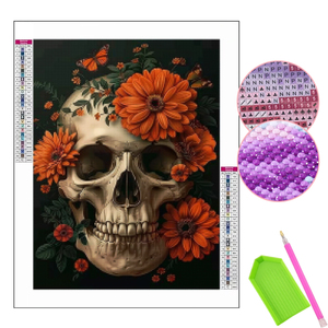 Orfon Peinture Diamant 5D Crâne avec Fleurs Orange et Papillon, Kit Complet <span class=keywords><strong>de</strong></span> Perles Rondes, Halloween Gothique, Kit d'Art Diamant DIY, Vente en Gros - Product Image 1