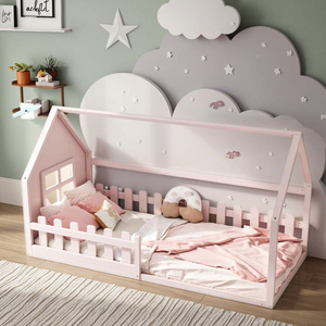 Cama de Casa de princesa, cama individual rosa para Niñas para guardería con barrera y cabeza, diseño único, marco de cama moderno de madera para niños - Product Image 1