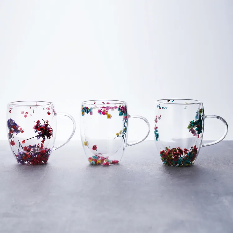 250ml 350ml cao Borosilicate sáng tạo hoa khô đôi tường Glass Mug Cup