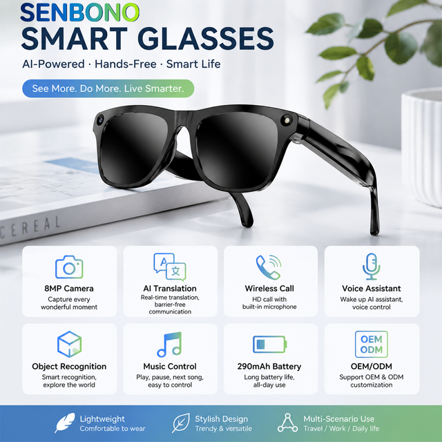 For OEM/ODM Smart Glasses Ai Translation 8MP Video Recording Object Recognition Audio Recording Camera IPX-4 Waterproof