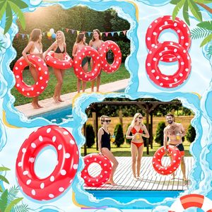 4 Pack Red White Polka Dot <b>Inflatable</b> Swim Rings for Pool Beach - Product Image 6