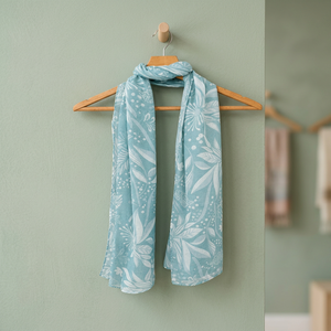 Premium Ice Blue Floral <b>Leaf</b> Print Poly Dobby Scarf Long Shawl for Women Breathable Wrap for Daily Travel - Product Image 3