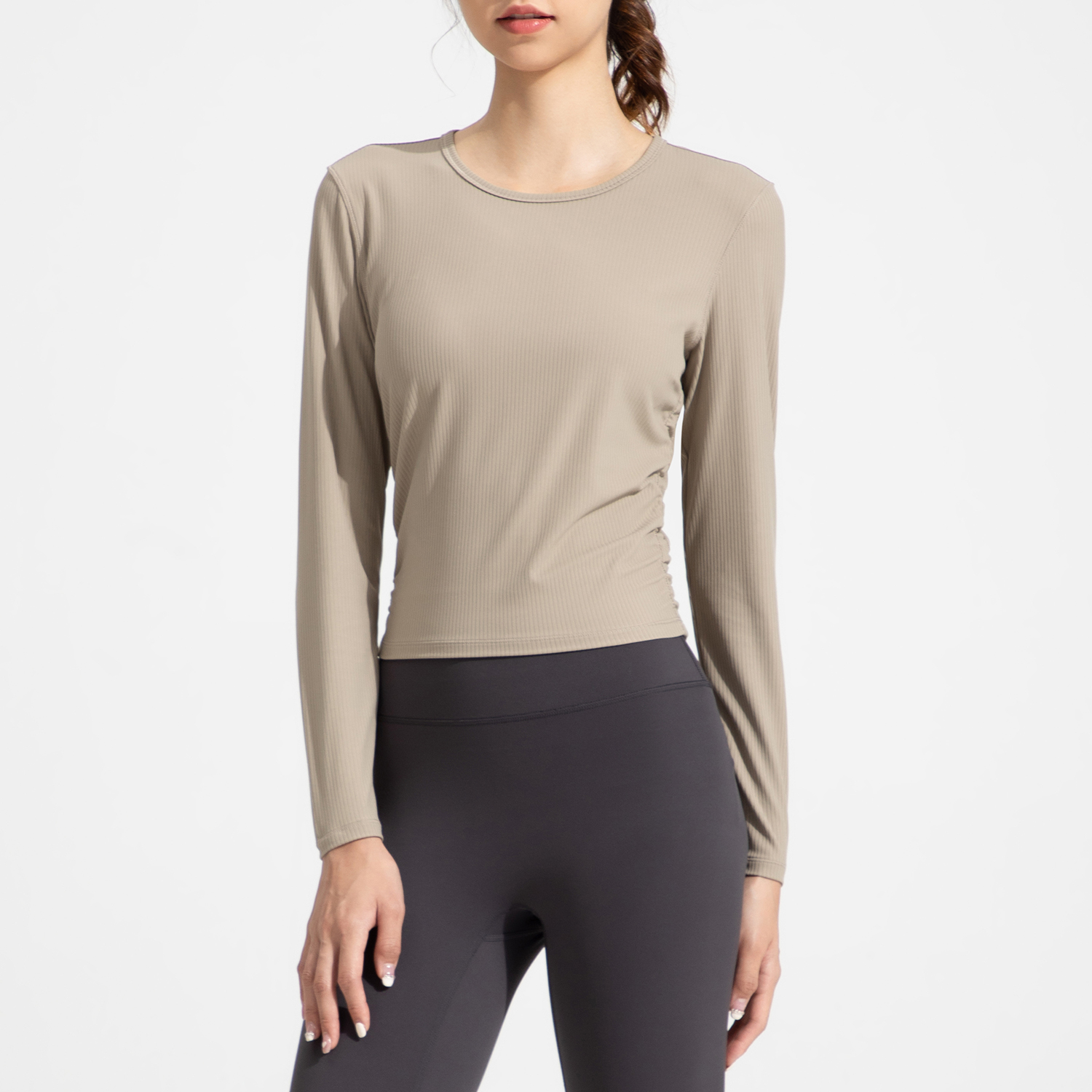 Pleated Design Simple Loose Workout Tops with Sleeves Yoga Wrap Top Long Sleeve GYM Yoga Sports Wear