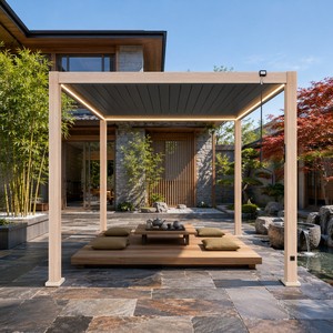 Pergola à commande manuelle à faible entretien, aspect bois, à double couche de lames orientables, pour espace de thé et de conversation en soirée dans une villa - Product Image 3