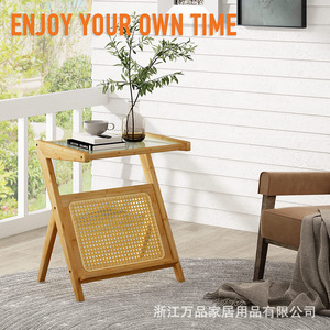 Bamboo Coffee <b>Table</b> With Storage Natural <b>Brown</b> Tempered Glass Top Bedroom Living Room Outdoor Use - Product Image 4