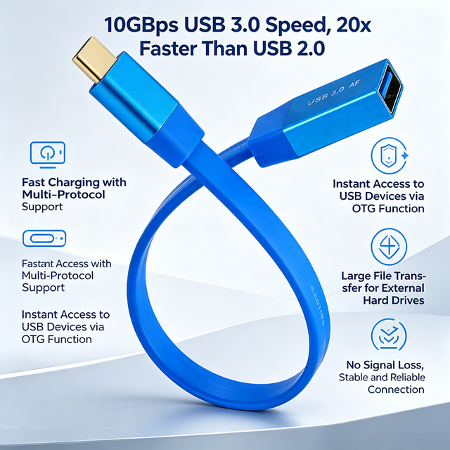 USB-C to USB-A 3.0 OTG Adapter Cable 10Gbps Fast Data Transfer 0.3M PVC Flat Cable for Phone Laptop for Card Reader Otg