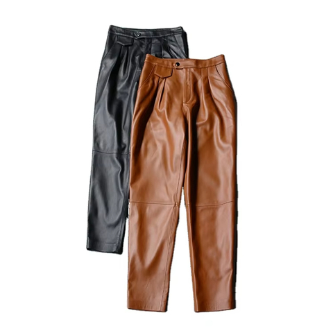 1612 High Waist Lambskin Narrow Leg Awl Pants With Pocket Hot Design Women Genuine Leather Trousers