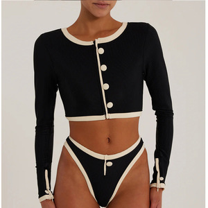 TW 2026 Ensemble bikini deux pièces personnalisé, nouveau modèle tendance, manches longues, col rond, boutons, patchwork, <span class=keywords><strong>maillot</strong></span> <span class=keywords><strong>de</strong></span> <span class=keywords><strong>bain</strong></span> <span class=keywords><strong>taille</strong></span> <span class=keywords><strong>haute</strong></span> pour <span class=keywords><strong>femme</strong></span> - Product Image 4