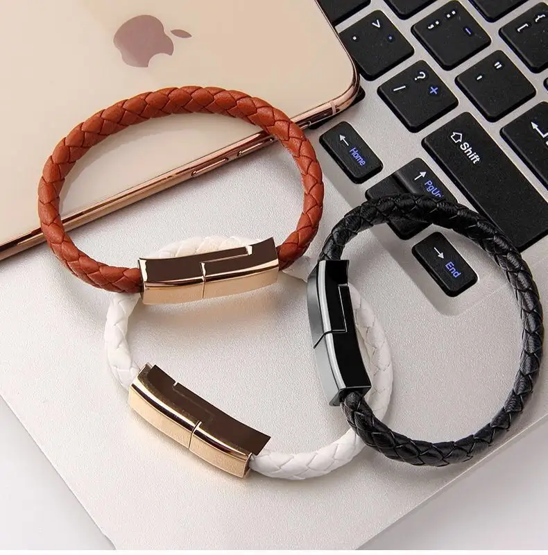 Leather Bracelet Micro USB Data Charging Cable Braided Cords USB Portable Travel Bracelet Cable For Men Women For Android Iphone