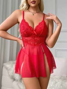 Nouveau produit Lingerie érotique femmes ensemble de sous-vêtements dentelle maille col en V sangle chemise de nuit beauté dos Perspective femmes Lingerie Sexy - Product Image 4