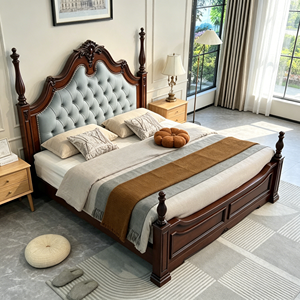 New Arrival Floral Carved Top Diamond Tufted Velvet Four Poster Solid Wood Bed with Simple Wooden Nightstands - Product Image 4