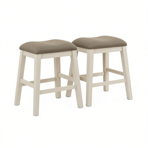 <b>Antique</b> White 2 Piece Counter Height Bar Stool Set Brown Fabric Upholstered Wood <b>Frame</b> Casual Dining Furniture - Product Image 1