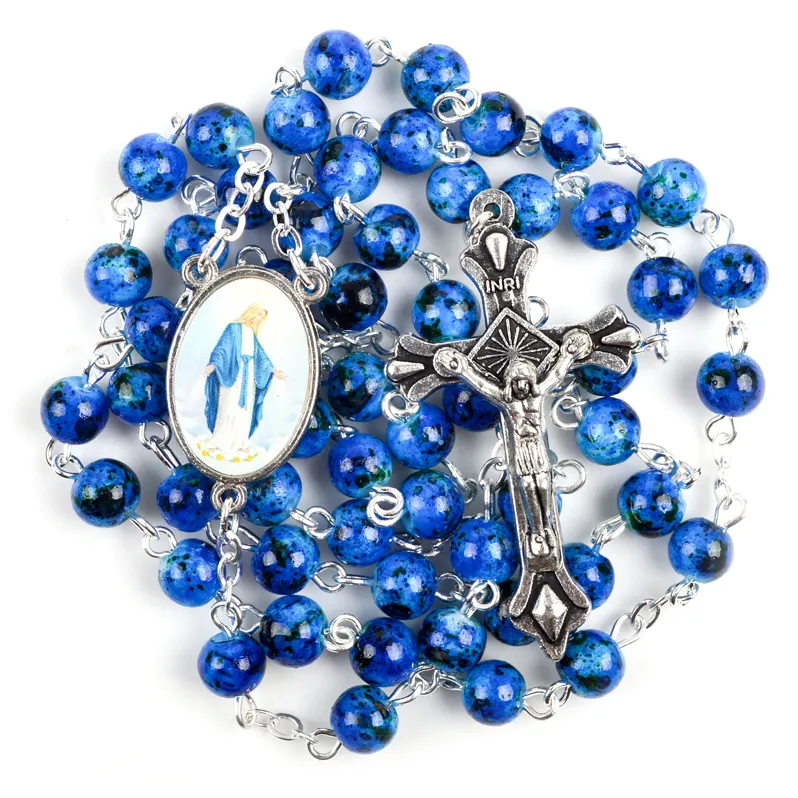 Glass Beads Rosary Necklace Virgen Mary Jude Guadalupe Catholic Saints Color Picture Rosary Centerpieces