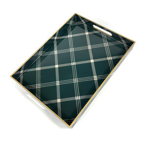 Plateau de rangement décoratif rectangulaire, plateau de service polyvalent à motif écossais vintage avec bordure dorée et poignées découpées - Product Image 4