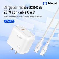 Chargeur rapide USB-C Miccell 20 W compact avec câble C vers C et multiprotocole pour téléphone portable, tablette et ordinateur portable