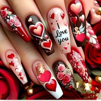 Kuku Palsu Hari Valentine dengan Desain Hati Mawar Romantis, 24Pcs Kuku Palsu Mewah Buatan Tangan Tipis Panjang & Perlengkapan Alat Gratis