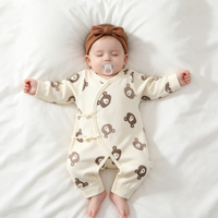 Barboteuse nouée pour bébé en pur coton à manches longues, imprimé ours mignon, avec fermeture à boutons-pression à l'entrejambe, combinaison pour nourrisson, vêtement de détente pour bébé