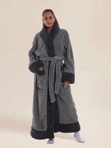 Albornoz Largo de Sherpa Grueso y Esponjoso con Cuello Chal y Ribete en Contraste Cálido, Sin Capucha, <span class=keywords><strong>Para</strong></span> <span class=keywords><strong>Parejas</strong></span>, Ideal <span class=keywords><strong>para</strong></span> el Hogar, Hotel y Descanso Nocturno - Product Image 5