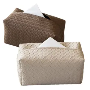 European Style Household Modern PU Leather Tissue Box Cover Woven Pattern Home Coffee Table Tissue Case Table Napkin Holder