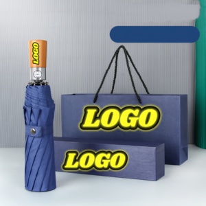 Custom Umbrella Fully Automatic Solid Wood Handle High-end Sun and Rain Foldable Umbrella Business Advertising Umbrella Gift Box