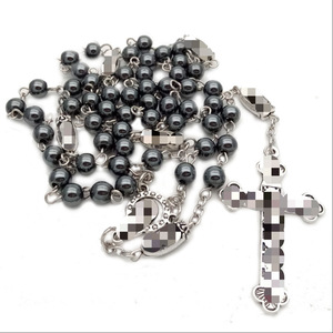 Collier chapelet en pierre naturelle noire pour homme, pendentif croix en alliage de zinc, 6mm 8mm, bijou cadeau, chaîne de pull - Product Image 3