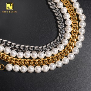 Delicado collar de perlas pulseras 18K chapado en oro cadenas de acero inoxidable media perla medio collar de eslabones cubanos para hombres y <span class=keywords><strong>mujeres</strong></span> - Product Image 4