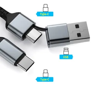 2 In 1 USBA USB C To Type C 3A Fast Charging Cable Nylon Braided 480Mbps Data Cables For Cell Phone HUAWEI Xiaomi Vivo OPPO