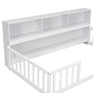 Cama de suelo doble DB con estantes de estantería blanca y barandillas, muebles con funda - Product Image 5