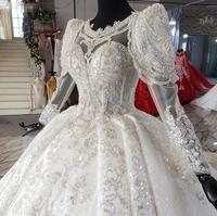 Robe de mariée princesse arabe à traîne, blanche, avec application de cristaux, manches bouffantes, illusion de luxe personnalisée 2024