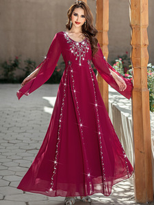 Robe de soirée en perles faite à la main pour femmes du Moyen-Orient Dubaï, style socialite rouge vin d'été, robe arabe - Product Image 6