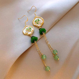 New Trung Quốc Phong Cách Màu Xanh Lá Cây Tre Sen Tán Tua Bông Tai Thanh Lịch Dài Sườn Xám Tất Cả Các Trận Đấu Thời Trang Đinh Tán Cho Phụ Nữ - Product Image 4