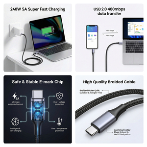 Câble USB-C de 1m/2m à charge rapide 240W 5A PD 3.1 EPR, Câble de charge rapide Type-C, Cordon tressé USB-C vers USB-C OEM ODM - Product Image 2