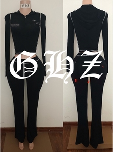 Completo Yoga <span class=keywords><strong>Tuta</strong></span> da Casa con Felpa Corta Regular e Pantaloni a Zampa in Cotone Spandex con Logo Personalizzato in Strass Adatto a Ragazze Alte - Product Image 2