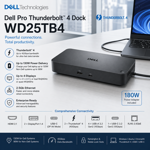 Station d'accueil <span class=keywords><strong>Thunderbolt</strong></span> 4 Dell WD25TB4 130W PD 40 Gbps HDMI 2.1 Double DisplayPort 2.5 GbE USB-C - Product Image 1
