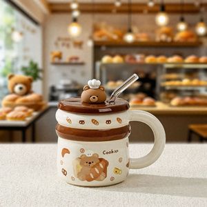 แก้วเซรามิคลายการ์ตูนหมีน่ารัก ขนาด 450 มล. พร้อมฝาปิดและหลอดแก้ว ดีไซน์สร้างสรรค์สำหรับเด็ก ใช้ดื่มนม กาแฟ - Product Image 6