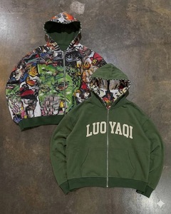 Sudaderas Y2K OEM Personalizadas con Cierre de Cremallera, Hombros Caídos, 400GSM, Algodón, Estampado de Grafiti en Toda la Superficie, Sublimación, Sudaderas Extra Grandes con Gráficos de <span class=keywords><strong>Anime</strong></span> para Hombre - Product Image 2