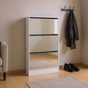 Armario estrecho de madera para guardar zapatos con espejo, organizador de zapatos delgado de 3 niveles, color blanco, para el hogar y muebles de apartamento. - Product Image 2
