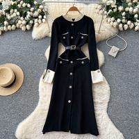 Robe élégante pour femmes, tricotée, à manches longues, style A, décontractée, avec ceinture, boutons décoratifs, poches, pour un usage quotidien, robes pour femmes