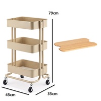 Chariot de rangement à 3 niveaux avec plateau en bois, chariot utilitaire en métal avec roulettes pour cuisine, salle de bain, bureau