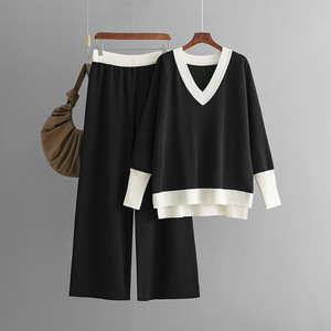 <span class=keywords><strong>Ensemble</strong></span> 2 pièces <span class=keywords><strong>d</strong></span>écontracté Blubelle en tricot patchwork color-block, nouveau pour l'<span class=keywords><strong>hiver</strong></span> 2025, pull à col en V pour <span class=keywords><strong>femme</strong></span> + pantalon large long - Product Image 5